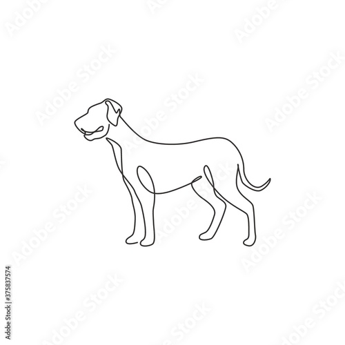 Single one line drawing of gallant great dane dog for security company logo identity. Purebred dog mascot concept for pedigree friendly pet icon. Modern continuous line draw design vector illustration