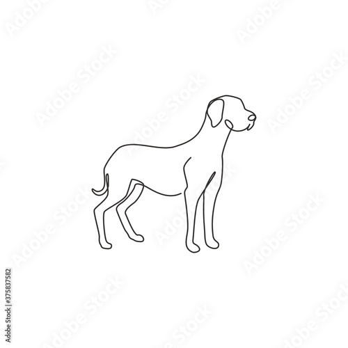 One continuous line drawing of dashing great dane dog for security company logo identity. Purebred dog mascot concept for pedigree friendly pet icon. Modern single line draw design vector illustration