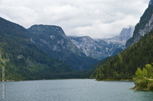 Beautiful view, Austrian alps mountains behind the Gousausee lake, Austria