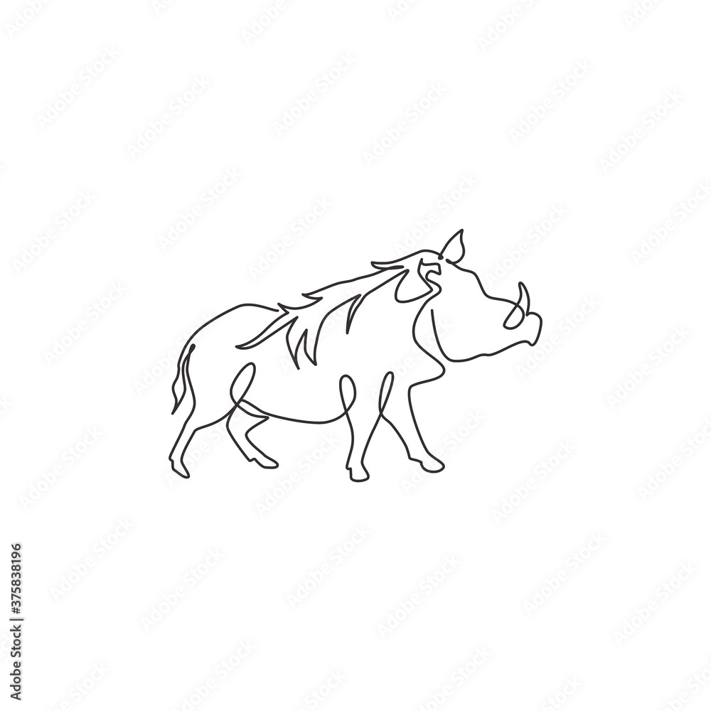 Single continuous line drawing of wild common warthog for company logo identity. Saharan Africa pig mascot concept for national conservation park icon. Modern one line draw design vector illustration Single continuous line drawing of wild common warthog for company logo identity. Saharan Africa pig mascot concept for national conservation park icon. Modern one line draw design vector illustration