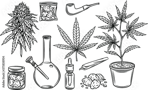 Marijuana outline icons vector set, hemp leaves and seeds, cannabis bud. Smoking cannabis pipe, cigarette, buds indica marijuana, joint, glass jar, tobacco and plastic bag. photo