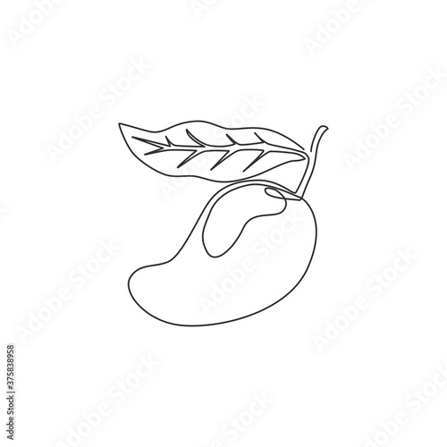 One continuous line drawing of healthy organic mango for orchard logo identity. Fresh tropical fruitage concept for fruit garden icon. Modern single line draw design vector graphic illustration