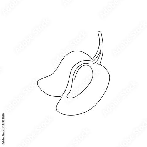 Single one line drawing of healthy organic mangoes for orchard logo identity. Fresh tropical fruitage concept for fruit garden icon. Modern continuous line graphic draw design vector illustration