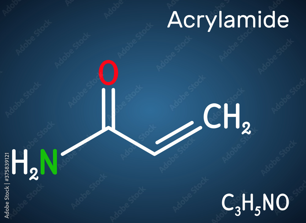Acrylamide, ACR, acrylic amide molecule. It is as a precursor to polyacrylamides. Structural chemical formula on the dark blue background Acrylamide, ACR, acrylic amide molecule. It is as a precursor to polyacrylamides. Structural chemical formula on the dark blue background