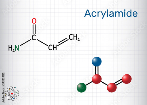 Acrylamide, ACR, acrylic amide molecule. It is as a precursor to polyacrylamides. Structural chemical formula and molecule model. Sheet of paper in a cage photo