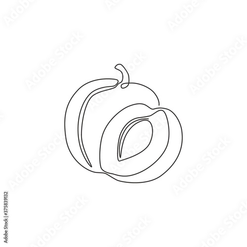 One continuous line drawing of whole and sliced healthy organic plum for orchard logo identity. Fresh fruitage concept for fruit garden icon. Modern single line draw design vector graphic illustration