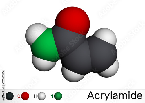 Acrylamide, ACR, acrylic amide molecule. It is as a precursor to polyacrylamides. Molecular model photo