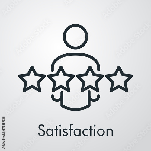 Logotipo lineal con texto Satisfaction con hombre con estrellas en fondo gris