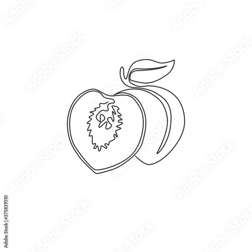 One single line drawing whole and sliced healthy organic peach for orchard logo identity. Fresh fruitage concept for fruit garden icon. Modern continuous line draw design vector graphic illustration