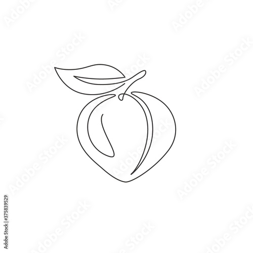 One continuous line drawing of whole healthy organic peach for orchard logo identity. Fresh fruitage concept for fruit garden icon. Modern single line draw design graphic vector illustration
