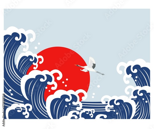 年賀状素材　日本海　荒波と太陽と鶴