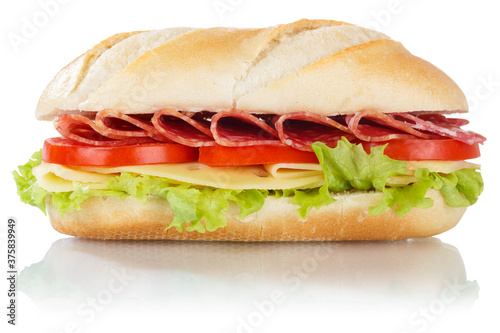 Sub sandwich with salami ham and cheese from the side isolated on white