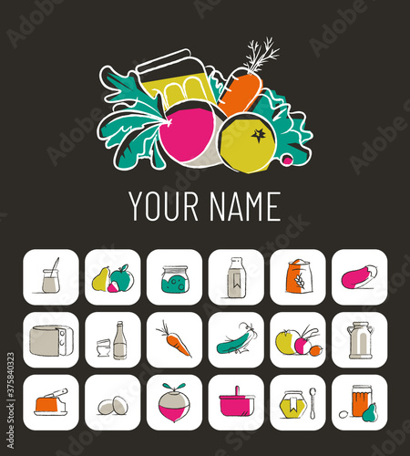 Logo et pictos pour épicerie, vente de fruits, légumes, conserves en direct, à la ferme, circuit court, local, marché, camion