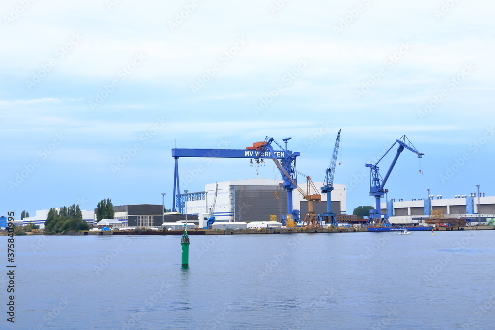 August 21 2020 - Rostock-Warnemünde, Mecklenburg-Vorpommern/Germany: Details of the industry port and dockside cranes at the europort harbour in Rostock