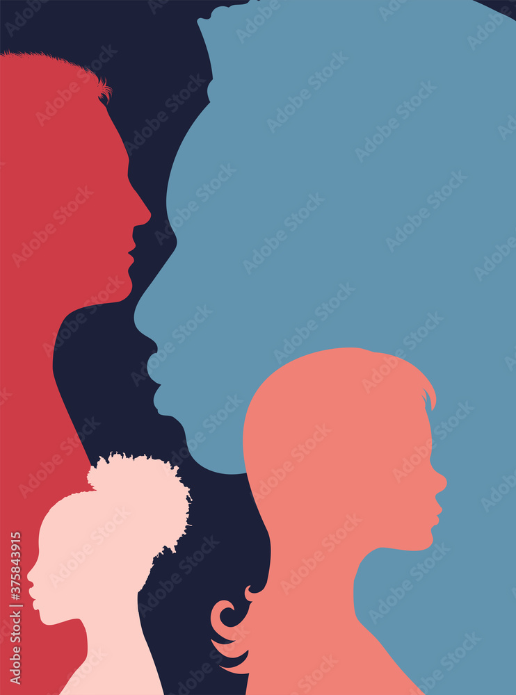 Diversity multi-ethnic and multiracial people poster. Silhouette profile group of men and women of diverse culture. Concept of racial equality and anti-racism. Multicultural society