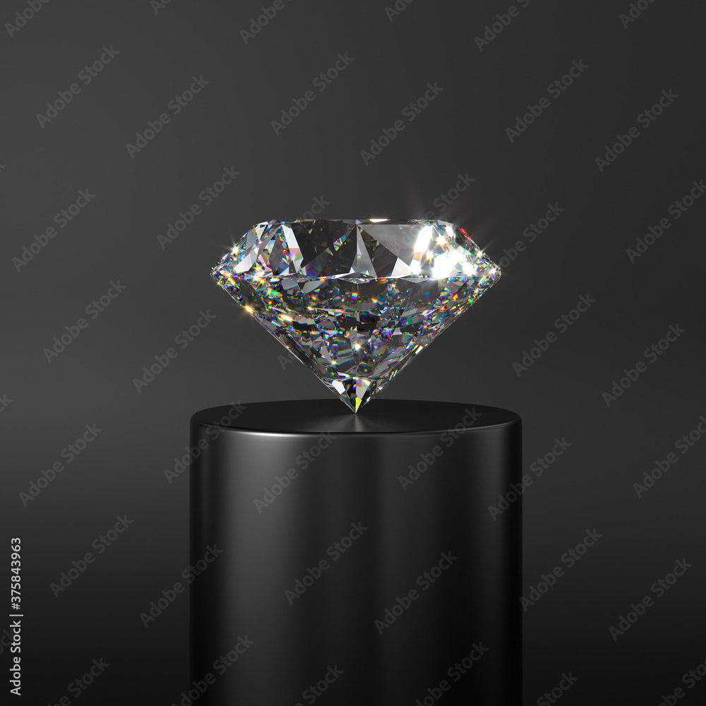 Beautiful sparkling diamond on a stand on a black background. Shows perfect cut and light refraction. 3d rendering. - obrazy, fototapety, plakaty 