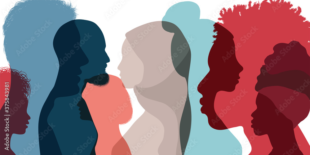 Silhouette profile group of men and women of diverse culture. Diversity multi-ethnic and multiracial people. Concept of racial equality and anti-racism. Multicultural society. Friendship