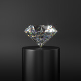 Beautiful sparkling diamond on a stand on a black background. Shows perfect cut and light refraction. 3d rendering.