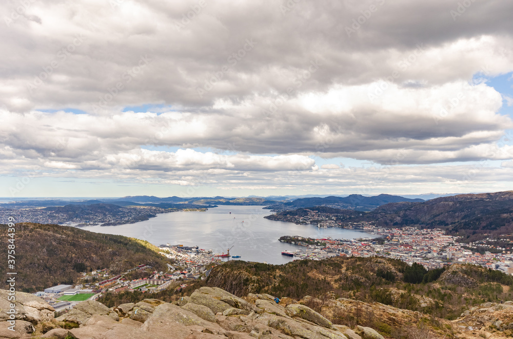 View from Løvstakken, one of the Seven Mountains that surround the center of the city of Bergen in Vestland county, Norway.