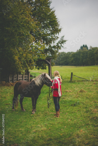 Young woman with horse standing on green meadow photo