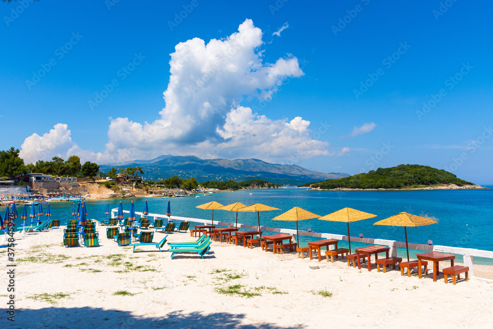 Ksamil Beach in Albania. One of the most popular towns along the Albanian Riviera. Ksamil Beach in Albania. One of the most popular towns along the Albanian Riviera.
