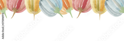 Frame from watercolor multicolored pumpkins. Autumn harvest, farm product, fruit, vegetable garden, halloween, festival, oktoberfest.