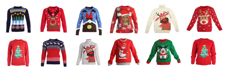 Set of warm Christmas sweaters on white background. Banner design