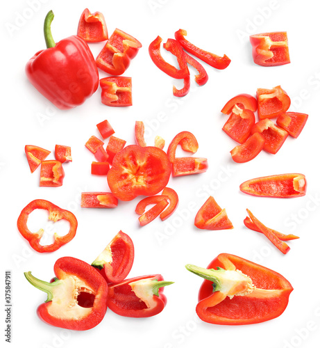 Set of red bell peppers on white background, top view
