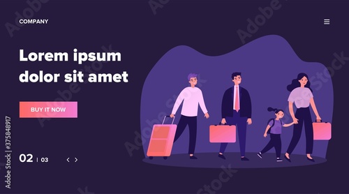 Happy tourists with suitcases walking together flat vector illustration. Group of people travelling abroad. Family with bags going from airport. Men and women during trip. Tourism and journey concept