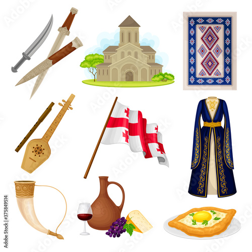 Georgia Attributes with Cathedral and Flag on Pole Vector Set