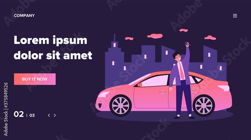 Happy young man leasing car flat vector illustration. Driver holding in hand keys to his new vehicle. Dealer making presentation for modern auto. Transport and lease concept