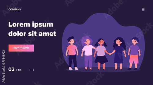 International friendship or multiethnic classmates concept. Diverse group of African American and Caucasian children playing together in kindergarten or school. Flat vector illustration