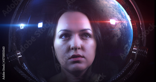 Close Up Shot Of The Young Beautiful Female Astronaut In Space Helmet. She Is Exploring Outer Space In A Space Suit. Science And Technology Related 3D Illustration Render