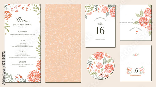 Universal hand drawn floral menu suite in warm colors perfect for an autumn or summer wedding and birthday invitations, and baby shower.