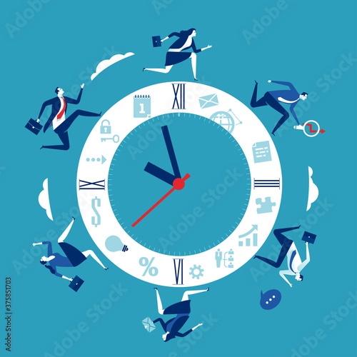 Running around the clock. Working 24 hours. Workers running around the clock. Business vector illustration.
