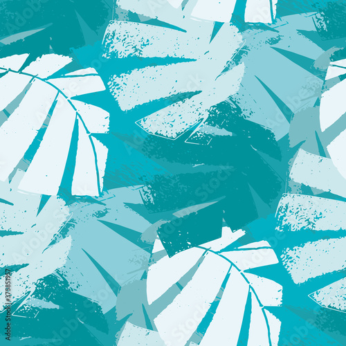 Mono print style aqua blue tropical leaves seamless vector pattern background. Textural backdrop with overlapping layered cut out foliage. Painterly botanical design. Monochrome all over print