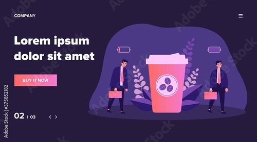 Office worker charging his battery with coffee energy. Business man walking near takeaway coffee cup. Flat vector illustration for caffeine addict, stress, coffee shop concept