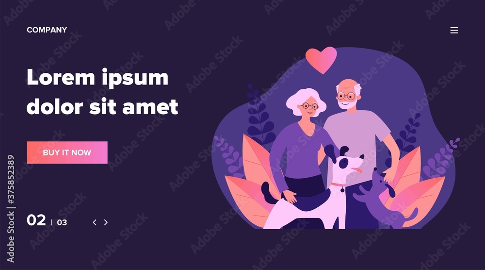 Happy senior couple with dogs. Family, pet, relationship flat vector illustration. Retirement and love concept for banner, website design or landing web page
