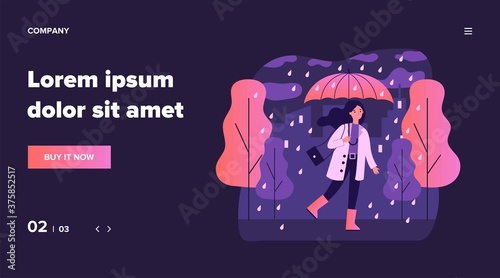 Happy smiling girl with umbrella walking in rainy day flat vector illustration. Woman staying outdoor in falling weather. Female character going in rain. Season, autumn and landscape concept
