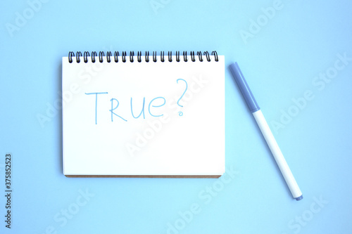 Wallpaper Mural Open white notebook on a spiral on a bright blue background. Notepad with caption: true. Stationery on a blue background with space for text. Minimalism. Flat lay Torontodigital.ca