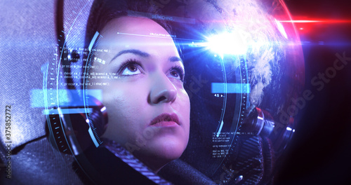 Close Up VFX Shot Of The Young Beautiful Female Astronaut In Space Helmet. She Is Exploring Outer Space In A Space Suit. Science And Technology Related VFX Concept 3D Illustration Render