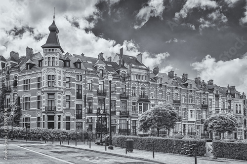 Gabled houses at Square Palmerston, European Quarter Brussels in black and white