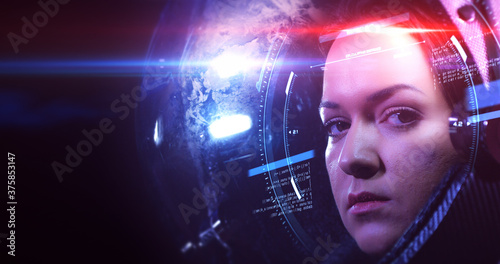 Fototapeta Naklejka Na Ścianę i Meble -  Young Brave Beautiful Female Astronaut In Space Helmet Looking At Camera. She Is Exploring Outer Space In A Space Suit. Science And Technology Related VFX Concept 3D Illustration Render