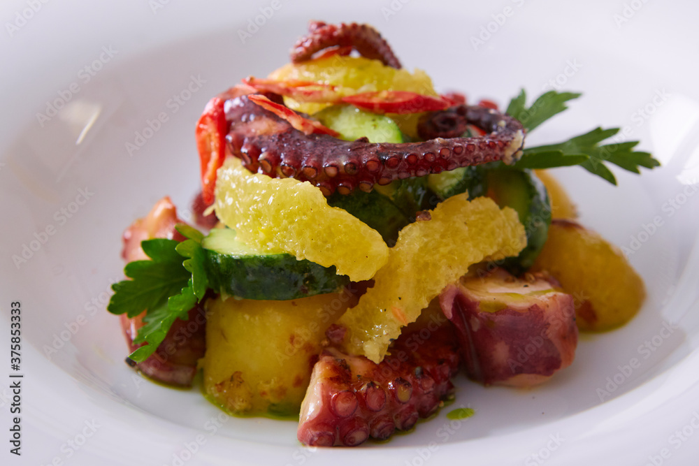 Whole octopus salad with orange and cress salad on white plate. Shallow dof Whole octopus salad with orange and cress salad on white plate. Shallow dof