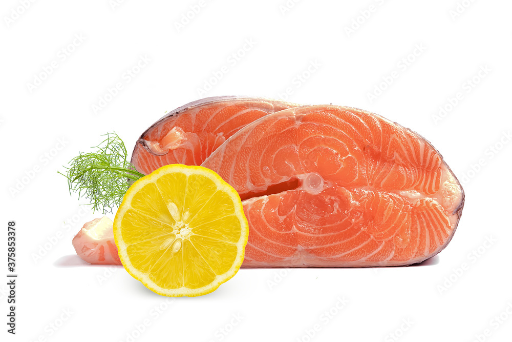 fresh trout steak with lemon and dill on a white background fresh trout steak with lemon and dill on a white background