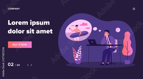 Office manager dreaming about surfing isolated flat vector illustration. Business person sitting at work and relaxing in mind. Holiday and vacation concept