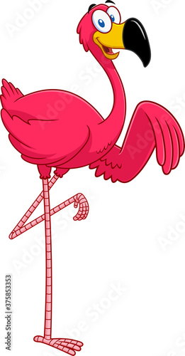 Cute Flamingo Bird Cartoon Character Waving. Vector Illustration Isolated On White Background