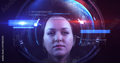 Portrait Shot Of The Young Smiling Female Astronaut In Space Helmet. She Is Exploring Outer Space In A Space Suit. Science And Technology Related VFX Concept 3D Illustration Render