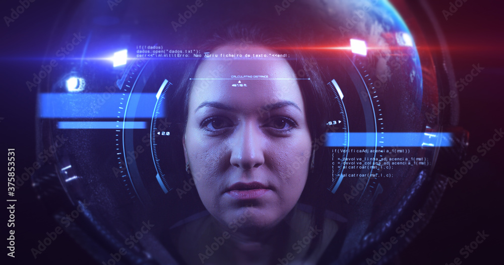 Young Fearless Beautiful Female Astronaut Exploring The Infinite Space. She Is Exploring Outer Space In A Space Suit. Science And Technology Related VFX Concept 3D Illustration Render