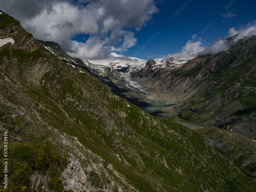 The best scenic view to the valley under the highest mountain Grossglockner with glaciers cover with snow and unique lakes under him in Hohe Tauern national park, near Heiligenblut, Austria, Europe. The best scenic view to the valley under the highest mountain Grossglockner with glaciers cover with snow and unique lakes under him in Hohe Tauern national park, near Heiligenblut, Austria, Europe.